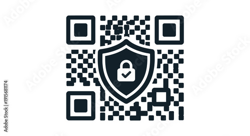 A dark blue graphic depicts a qr code surrounding a shield icon with a lock and checkmark
