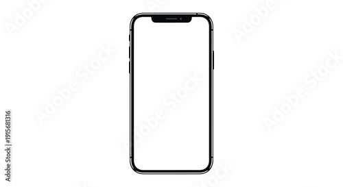 A modern smartphone with a black frame and a blank white screen is centered on a white background