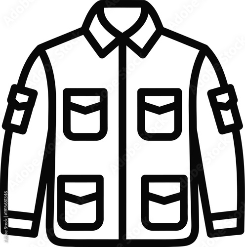 A black and white line art icon illustrating a military-style jacket with multiple flap pockets on the front and sleeves