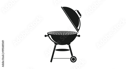 A black and white illustration depicts an open barbecue grill with rising smoke symbolizing outdoor cooking high quality
