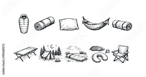 Camping equipment outline icon set. Outdoor gear, hiking essentials, adventure icons collection