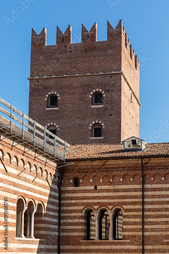 Medieval brick tower and historic architecture in Verona, Italy