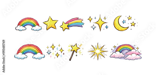 Fantasy, magic filled icon set. Moon, rainbow, star, wand icons filled collection