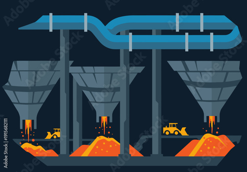 Dramatic illustration of a drawbell ore extraction mine. Industrial structures and glowing ore convey a powerful, detailed scene. Perfect for mining, industry, or geological themes.