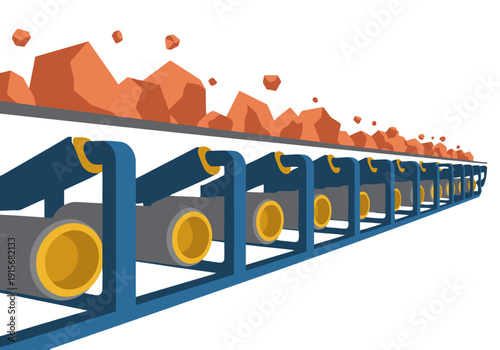 A dynamic conveyor belt transports coal through a dark mine tunnel.  Bold colors and a clear composition create a striking visual for commercial use.