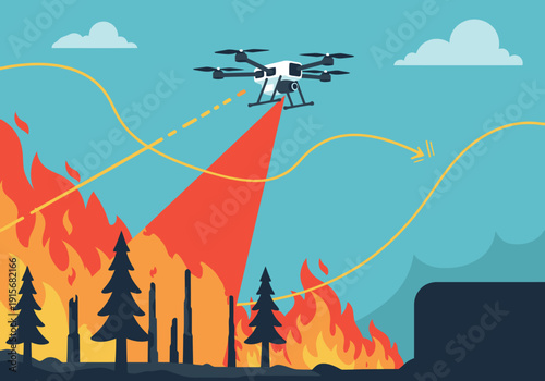 An electric cobalt drone suppresses a wildfire with a water stream. Dramatic action shot showcasing aerial firefighting technology. Vibrant colors and dynamic composition.