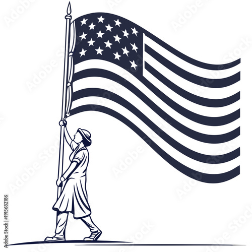 A lone figure saluting an american flag in a moment of patriotism and respect