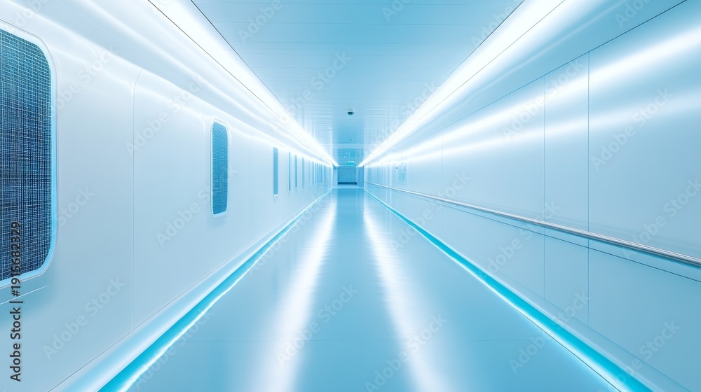 Fototapeta premium Futuristic Corridor Endless Light and Clean Lines, Perspective, Symmetry, Sci-Fi, Technology, Innovation