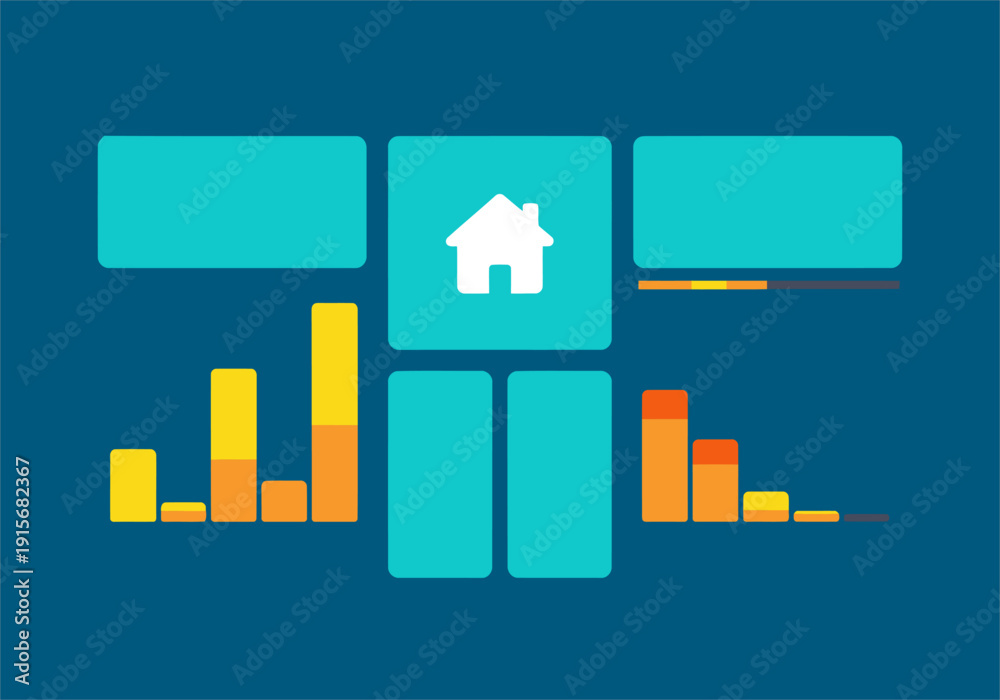 Fototapeta premium Modern smart home dashboard UI displaying solar and grid feedback. Clean, teal design with data visualization. Ideal for tech, energy, and home automation concepts.
