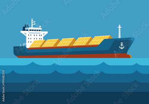 A modern bulk ship with solar panels sails on a blue ocean. Illustrative design promoting sustainable shipping technology. Clean, professional, and visually appealing.