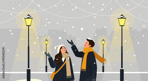 Couple Enjoying A Snowy Evening Walk Under Streetlights And Festive Decorations