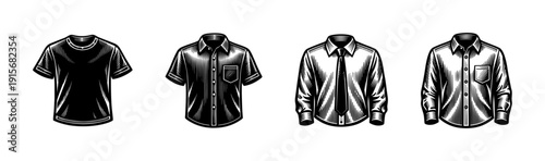 Clothing icon collection: flat vector icons set of shirts and t-shirts in black and white style