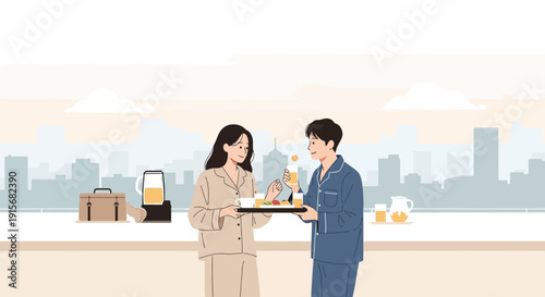Couple Enjoying Breakfast in Pajamas with a Cityscape View at Sunrise