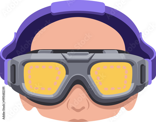 A person wears a portable photo therapy goggle, illuminated with yellow lights. Modern, graphic illustration style. Ideal for health, wellness, and technology concepts.