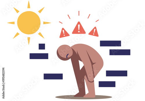 A person experiences winter blues and energy loss, depicted with a slumped posture and warning symbols. Illustrative style, conveying a feeling of fatigue and low mood.
