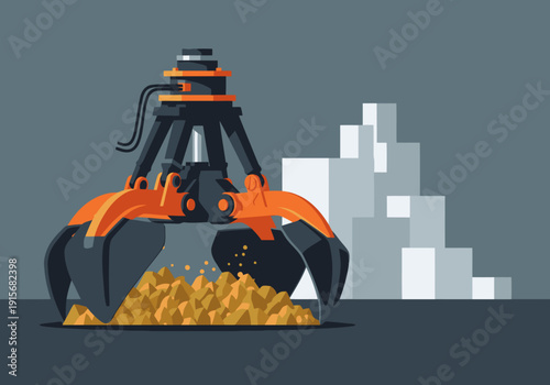 A powerful cargo grabber efficiently collects rock from a bulk mine. Bold orange and gray tones create a striking visual. Ideal for industrial or mining themes.