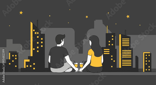 Couple Enjoying Cityscape View At Night With Drinks Romantic Evening Serenity