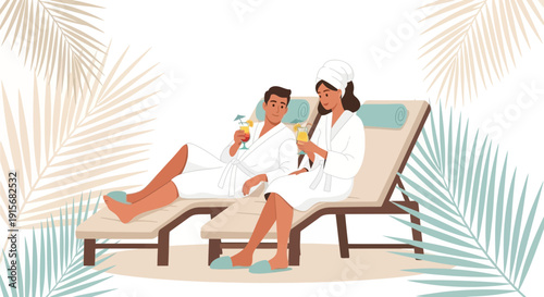 Couple Enjoying Relaxing Spa Retreat With Tropical Drinks And Palm Fronds