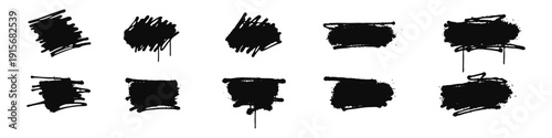 Set of Black Brush Stroke and Scribble Shapes Isolated on White Background, Hand Drawn Ink Smudge Collection