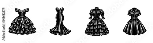 Fashion dresses flat vector icons set: elegant, stylish, formal attire illustrations