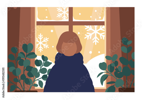 A solitary figure contemplates winter through a frosted window. Soft light and snowflakes evoke a peaceful, introspective mood.  Stylized illustration.
