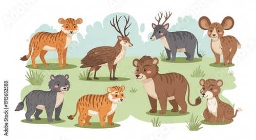 Cartoon animals in a green meadow various wildlife species illustration of tiger deer elephant and more