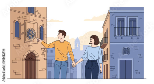 Couple Exploring Historic European City Streets Hand in Hand