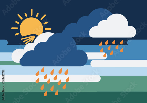 A stylized illustration depicts a cloudy sky with rain and a bright sun, representing SAD and mental health. It?s a modern, graphic concept for mental care.