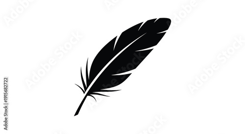 A striking black silhouette depicts a single feather showcasing its delicate barbs and quill against a white backdrop