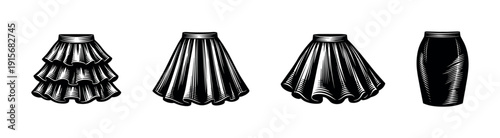 Fashion skirt collection: flat vector icons set of trendy skirt designs, styles, patterns