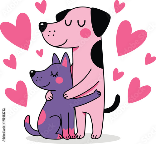 A heartwarming embrace between a loyal dog and affectionate cat surrounded by love hearts. isolated on transparent background, Vector