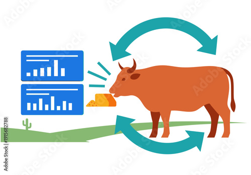 A stylized illustration depicts a cow consuming feed, alongside data charts, showcasing feed efficiency in ruminant livestock. Circular arrows emphasize the cyclical process. Modern, vibrant design.