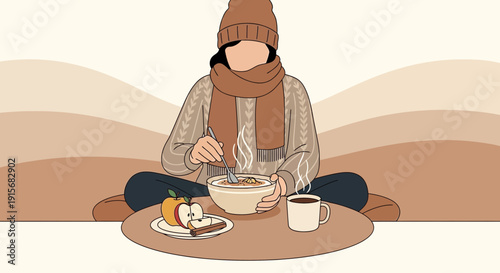 Cozy Autumn Mealtime Comfort With Warm Beverages And Baked Apple