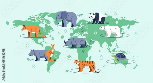 Endangered animals on a world map with continents in green on a light blue background