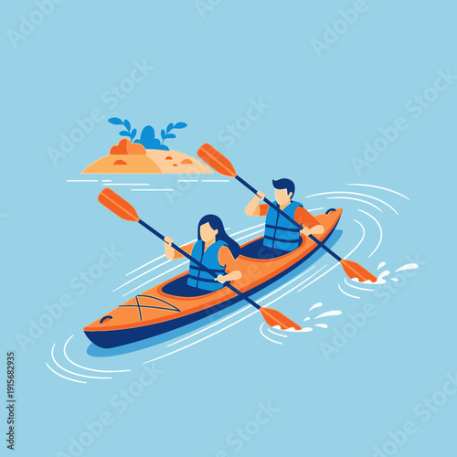Couple Kayaking Adventure Across Calm Blue Waters Amidst Scenic Island