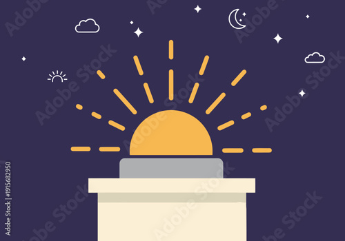 Sunrise alarm clock gently illuminates a dark blue background with celestial icons. Modern, flat design. Ideal for sleep, wellness, and productivity themes.