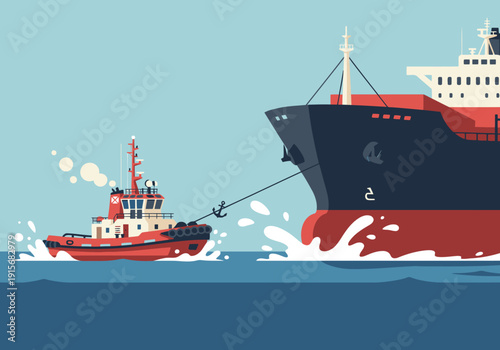 A tugboat assists a bulk ship, creating a dynamic maritime scene. Bold colors and clear composition make this image ideal for commercial use.