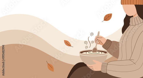 Cozy Autumnal Scene Person Enjoying Warm Beverage Amidst Falling Leaves