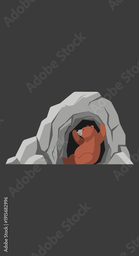 Cozy Bear Hibernating Deep Inside Mountain Cave Shelter