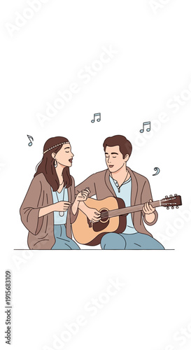 Couple Serenades With Acoustic Guitar Melodies Under Musical Notes