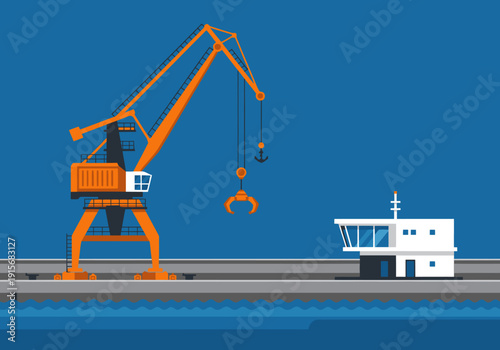 A vibrant port crane handles cargo near a modern terminal. Clean lines and bold colors create a striking, commercial image.
