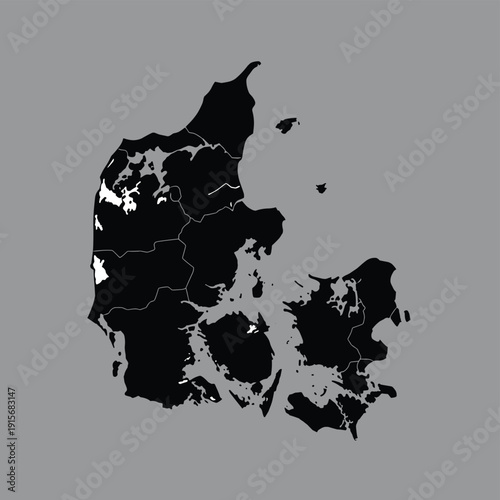 Black and white silhouette map of a country resembling denmark with regional divisions. isolated on transparent background, Vector