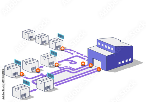 Warehouse fulfillment process visualized. Boxes move along a purple corridor to a large facility. Clear, modern illustration for logistics and supply chain concepts.