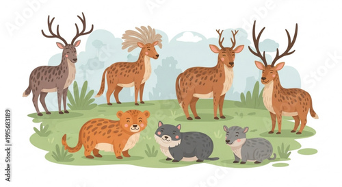 Wild animals gathering in a serene natural setting with deer leopard cub and rodents on green grass