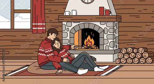Cozy Couple Embracing Near Fireplace In Winter Cabin