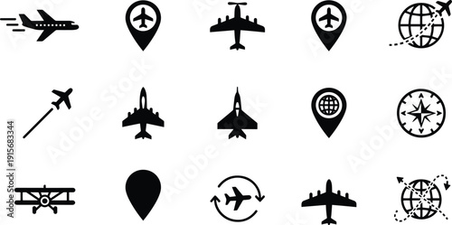 Set of airplane vector silhouette icons bundle for design travel and transportation symbols