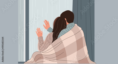 Cozy Couple Embraces Warmth While Watching Rain Fall Outside Window Together