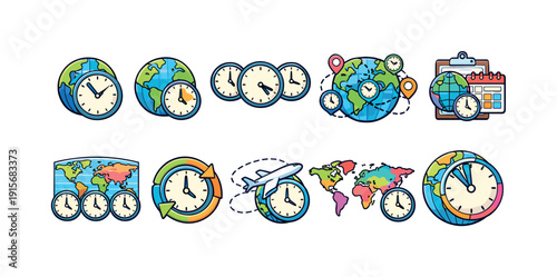 World time, globe linear icon set. Global, clock, timezone, map outline icon collection