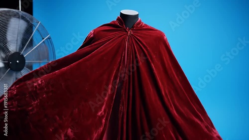 A mannequin displays a flowing crimson velvet cloak against a vibrant blue backdrop