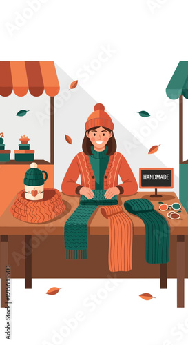 Cozy Handmade Winter Apparel At Autumn Market Stall Display